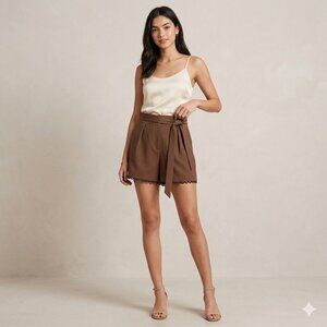 Banana Republic Scalloped Hem Tie-Waist Pleated Shorts - Brown - Size 4